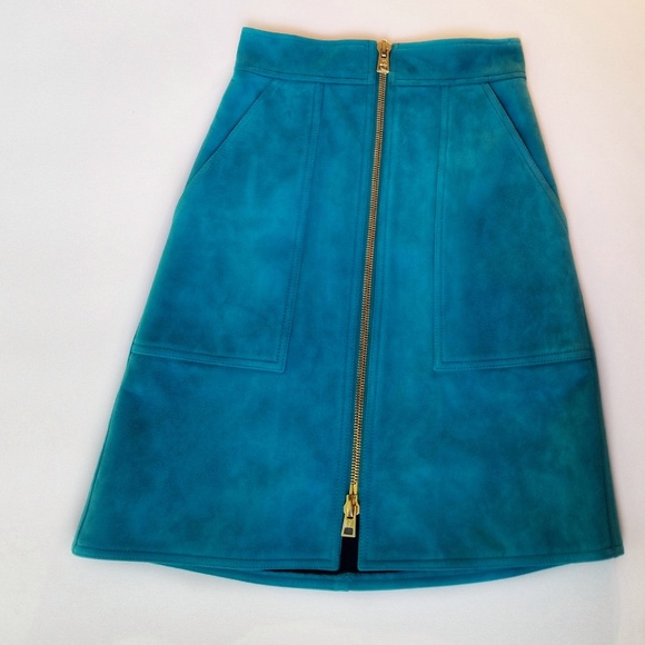 DVF 100% Lamb Suede Patch-Pocket Mini Skirt Teal - Picture 3 of 8